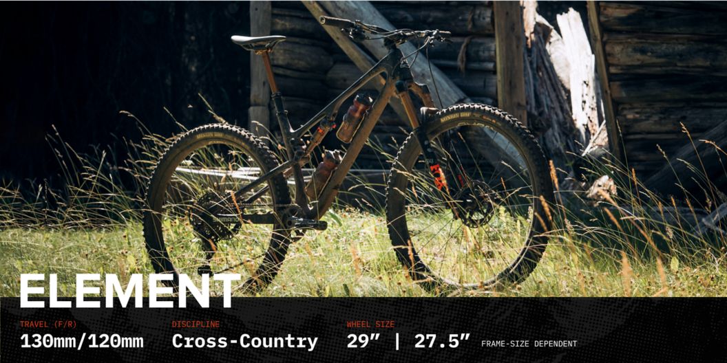 The Element bike stands in a grassy field. Text: discipline, cross-country; travel, 130mm front, 120mm rear; wheel size, 29”, 27.5” frame-size dependent.  