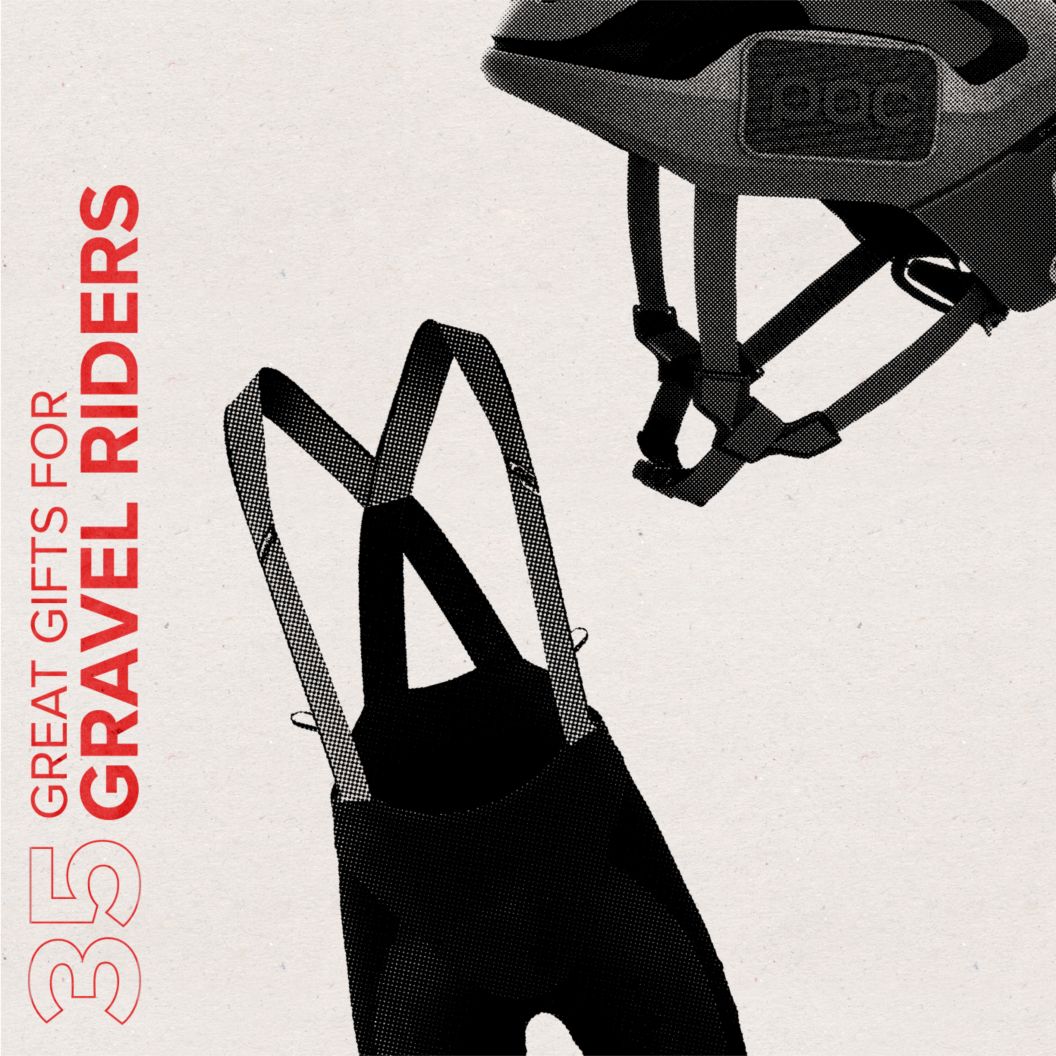 35 great gifts for gravel riders text in red over an image featuring a helmet and bib shorts.