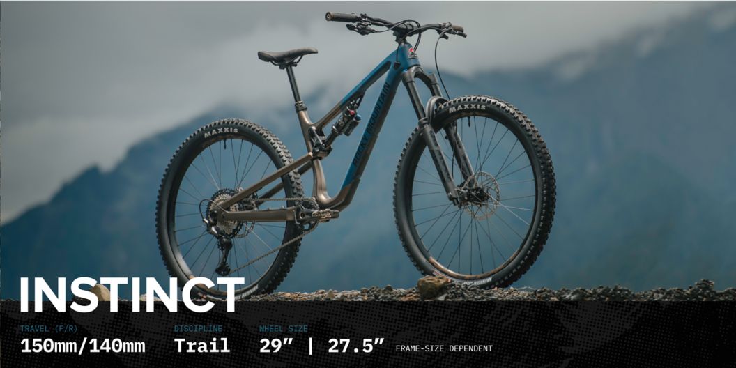 The Instinct bike stands in profile in open terrain. Text: discipline, trail; travel, 150mm front, 140mm rear; wheel size, 29”, 27.5” frame-size dependent. 