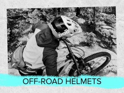 Off-road helmets text. A photo of a rider on an MTB trail.