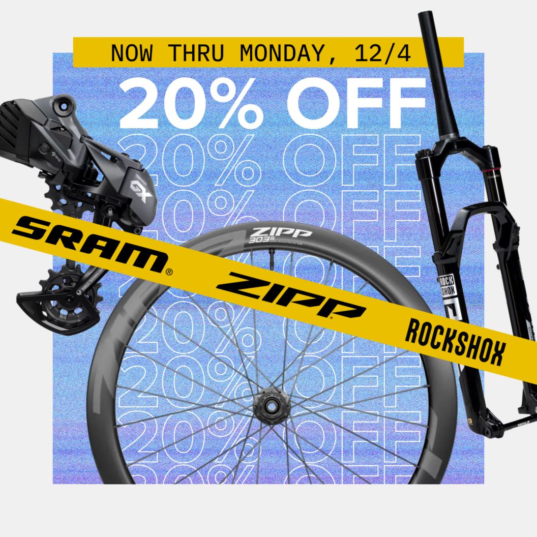 SRAM, Zipp, and Rockshox brand names are displayed on a strip of yellow caution tape across a blue background featuring a derailleur, wheel, and MTB fork next to a repeated 20% off graphic and now thru Monday, 12/4 text.