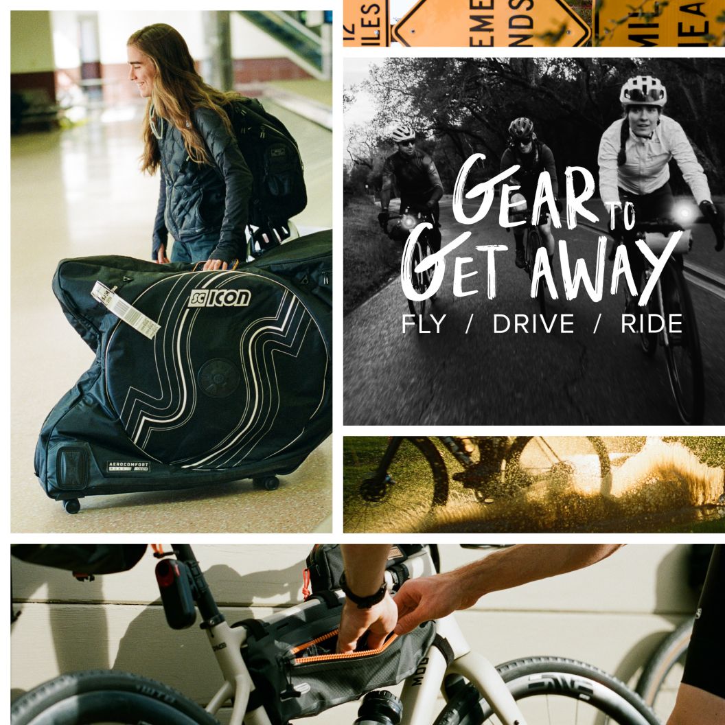 A collage of photos illustrates air travel and cycling with packs and frame bags.