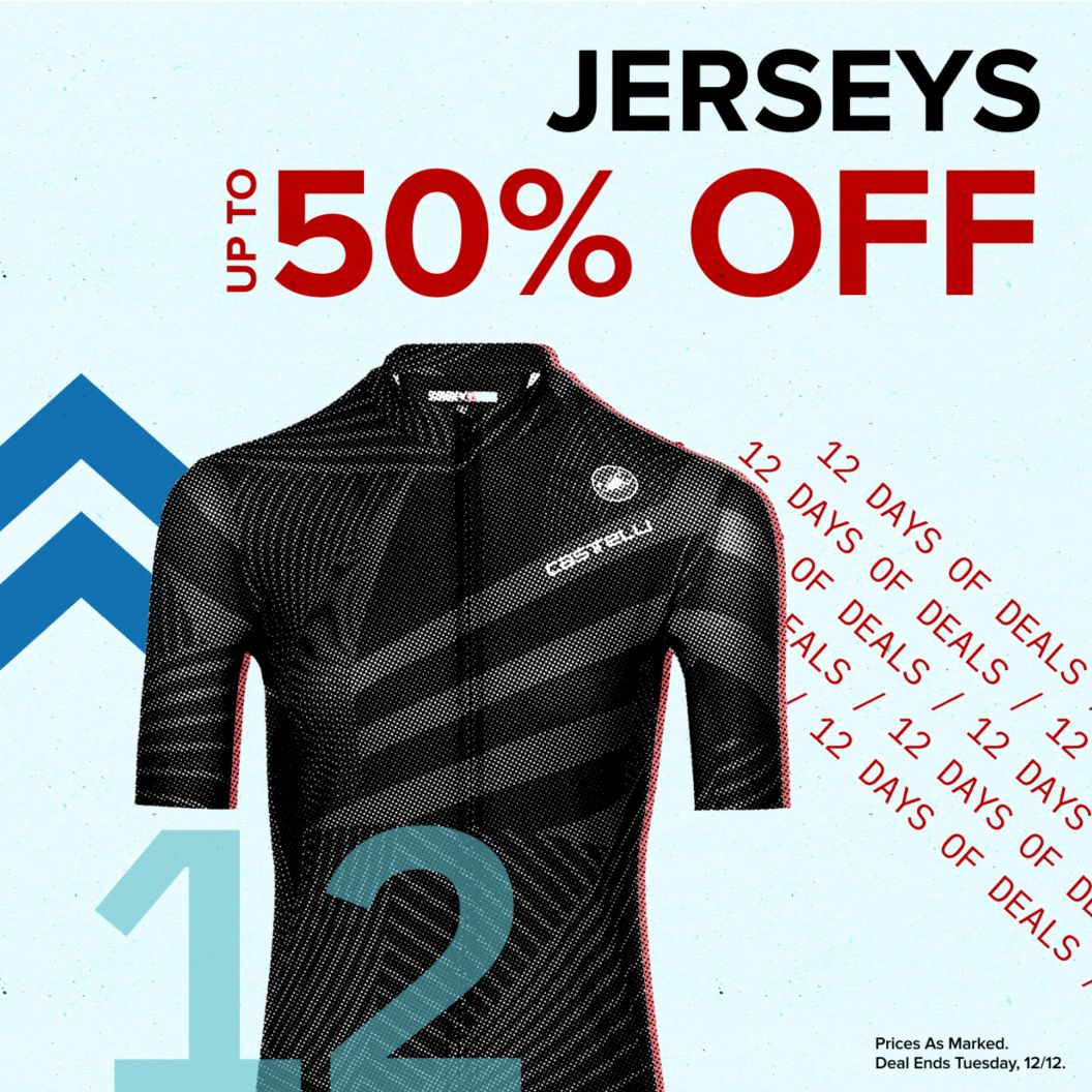 Jerseys up to 50% off text reads above 12 days of deals text. On the left is a jersey and dash and chevron graphics next to a 12 indicating the day of the deal. Prices as marked. Deal ends Tuesday, 12/12 disclaimer. 