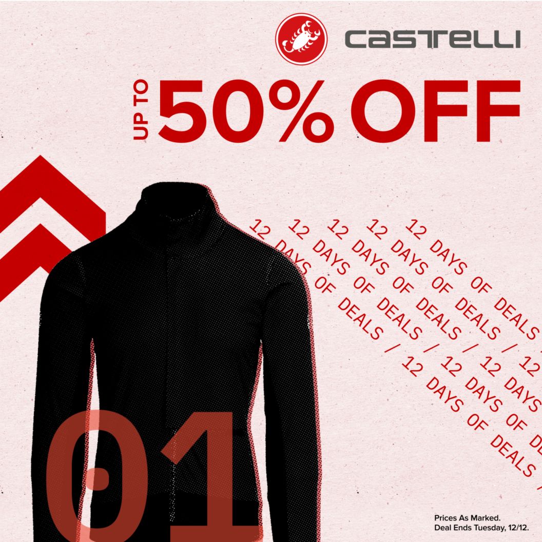 Castelli up to 50% off text reads above repeated 12 days of deals text. On the left is a women’s jersey and dash and chevron graphics next to a 01 indicating the day of the deal. Prices as marked. Deal ends Tuesday, 12/12 disclaimer. 
