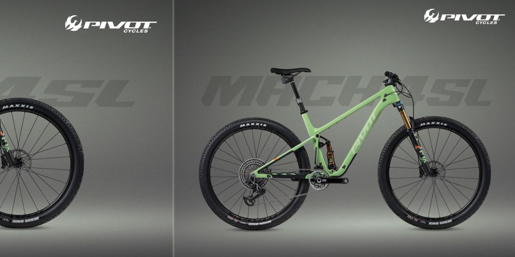 The new Mach 4SL in green is displayed before a gray background. Three key highlights about the bike are called out. “Dropped nearly a pound. Travel-adjust flip-chip, and SRAM Eagle Transmission builds available.”
