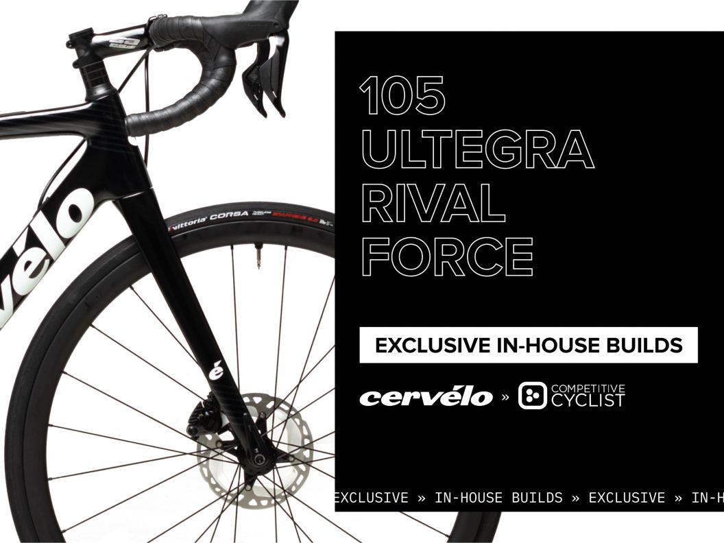 The front half of a Cervelo Caledonia is shown next to text reading “105, Ultegra, Rival, and Force Exclusive In-House Builds” and Cervelo and Competitive Cyclist logos.