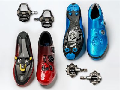 Studio image of Shimano shoes and pedal pairs.