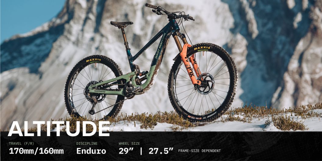 The Altitude bike stands in profile in snowy mountain terrain. Text: discipline, enduro; travel, 170mm front, 160mm rear; wheel size, 29”, 27.5” frame-size dependent. 