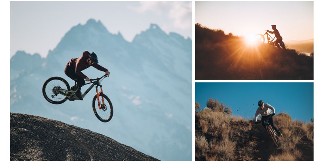 A rider jumps a mound with a mountain range in the background. A rider pushes a bike up a trail silhouetted by the setting sun.  A rider descending through a sage brush trail.  