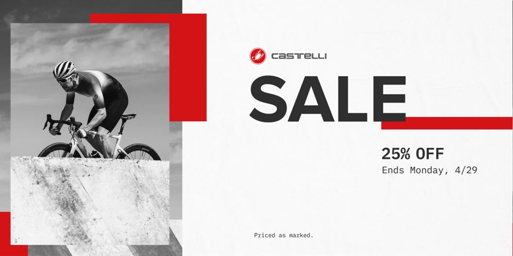 25% off Castelli ends Monday 4/29, priced as marked. A rider gets to a sprint effort on a ride. 