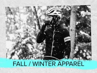 Fall and winter apparel text. A photo of a cyclist on a snowy day.