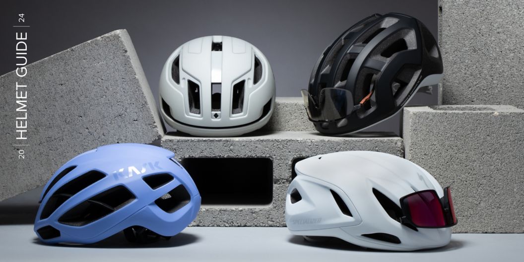 2024 Helmet Guide with road, gravel, and mountain bike helmets shown in studio photos.