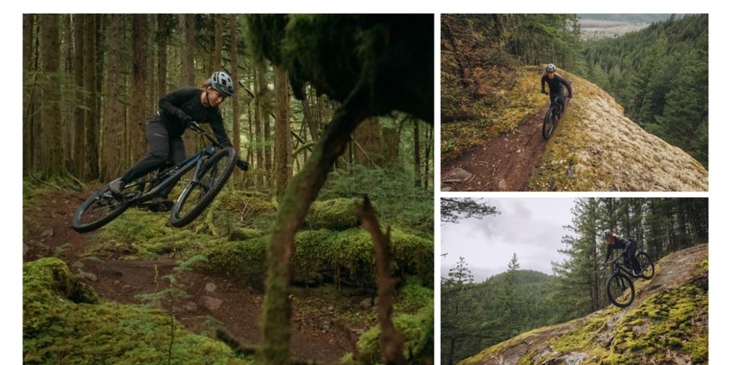 A rider descending a moss-covered forest trail. A rider climbing a forest trail. A rider descending through a clearing in a forest trail.  