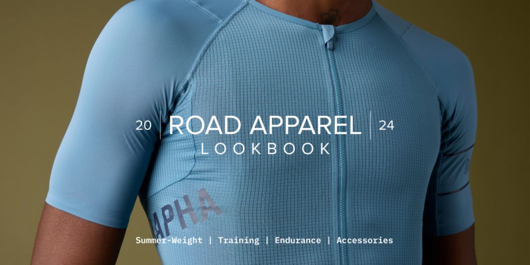 2024 Road Apparel Lookbook text and a Rapha jersey in a studio shot.  