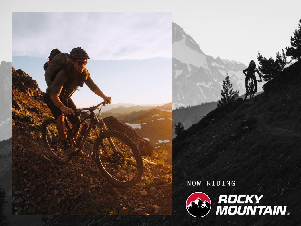 Now riding Rocky Mountain bikes text on an image of a rider descending a high-altitude rocky trail. 