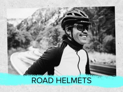 Road helmets text. A photo of a rider smiling on a ride break. 