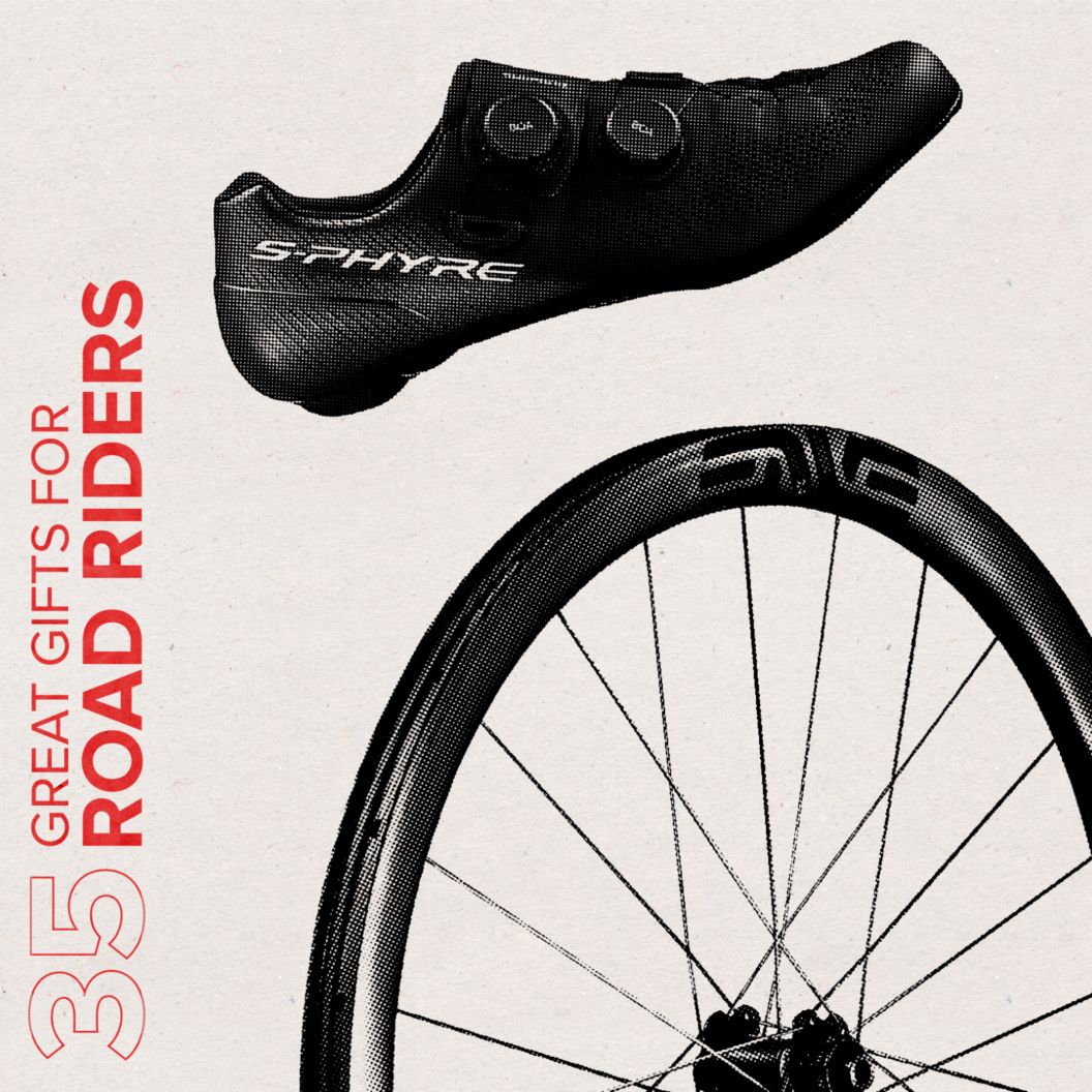 35 great gifts for road cyclists text in red over an image featuring road shoes and a wheel.