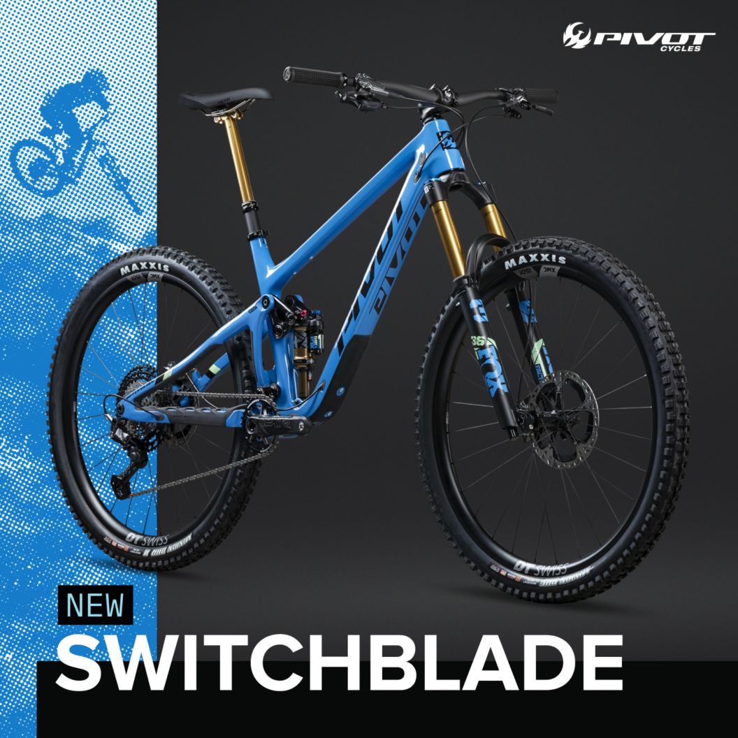 The new Pivot Switchblade is shown in studio profile. A rider takes a jump on the bike in the background. Tech specs calling out front/rear travel of 160mm and 142mm, respectively, trail and enduro discipline, and wheel size of 29 inches are displayed at the bottom. 