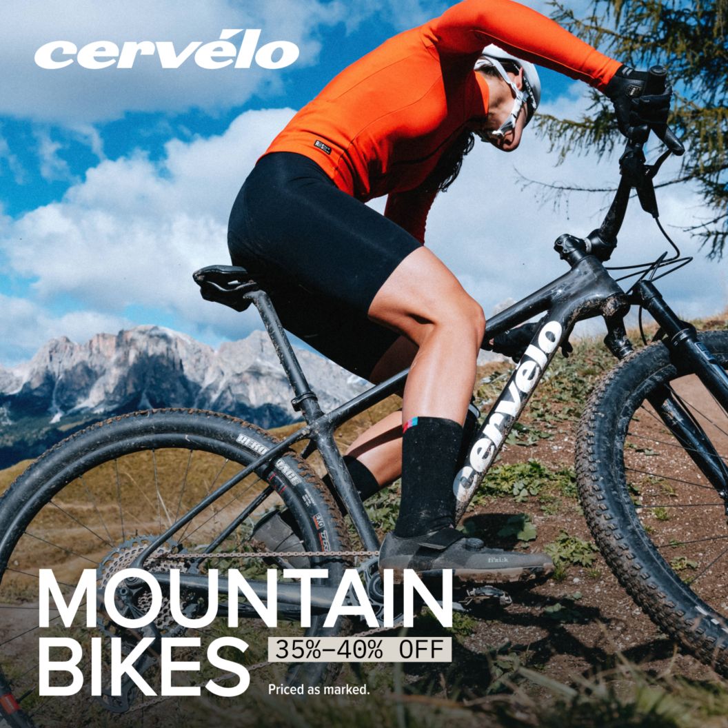Cervelo mountain bikes 35–40% off (priced as marked) over an image of a rider pedaling the ZHT-5 hardtail. 