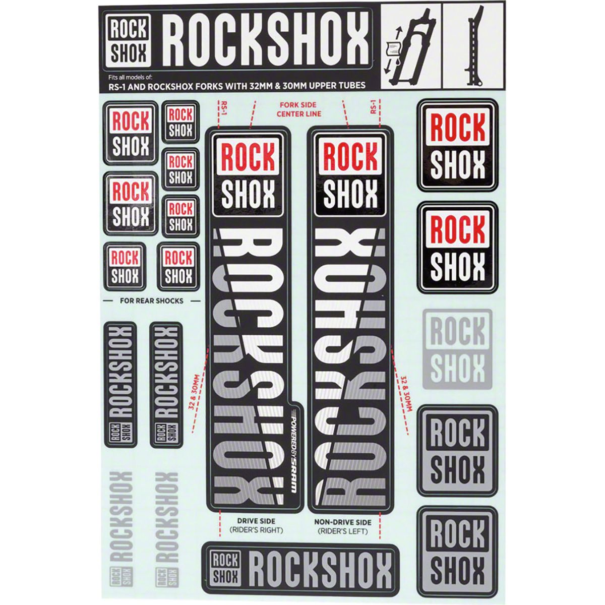 Kit Autocollants RockShox Pour Fourche 35mm - Décalcomanies Pike/Lyrik/Yari 2018+ - Style Polar Gris