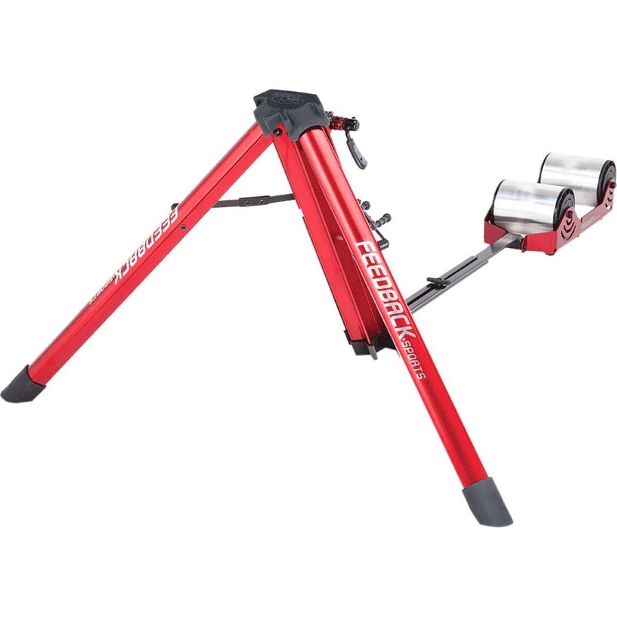 Red Feedback Sports Omnium rollers will hold the front fork of a bike, and the rear wheel rolls on two cylinders