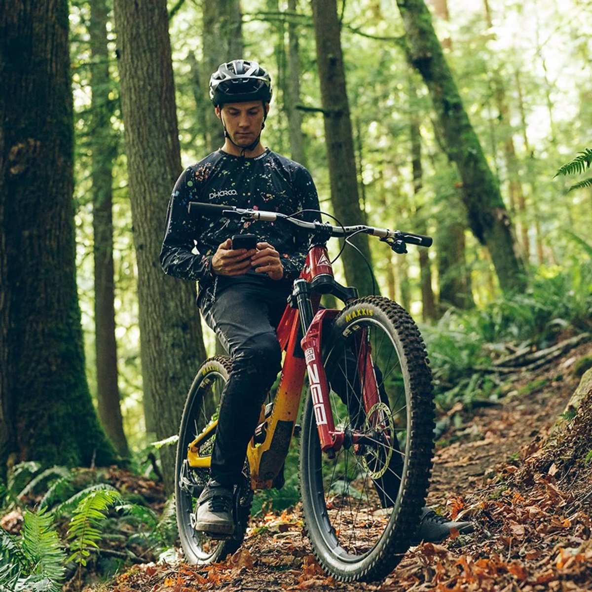 Person sitting on their bike using AXS phone app.