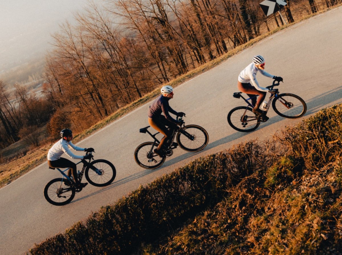 Three cyclists in helmets and long sleeves ride road bikes along a narrow paved road lined with bare autumn trees in warm golden light.