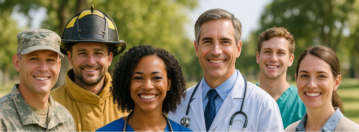 A group of professionals, including a soldier, firefighter, doctor, and nurses, stand outdoors with trees in the background