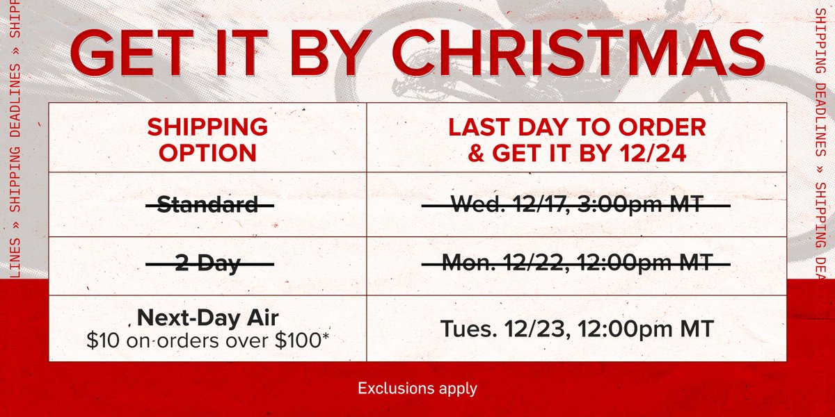 A chart titled “Get It By Christmas” shows date deadlines to ensure gear arrives before 12/24.