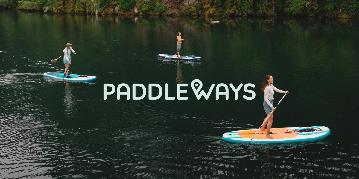 Three paddleboarders on a dark, calm lake, featuring the PaddleWays logo.