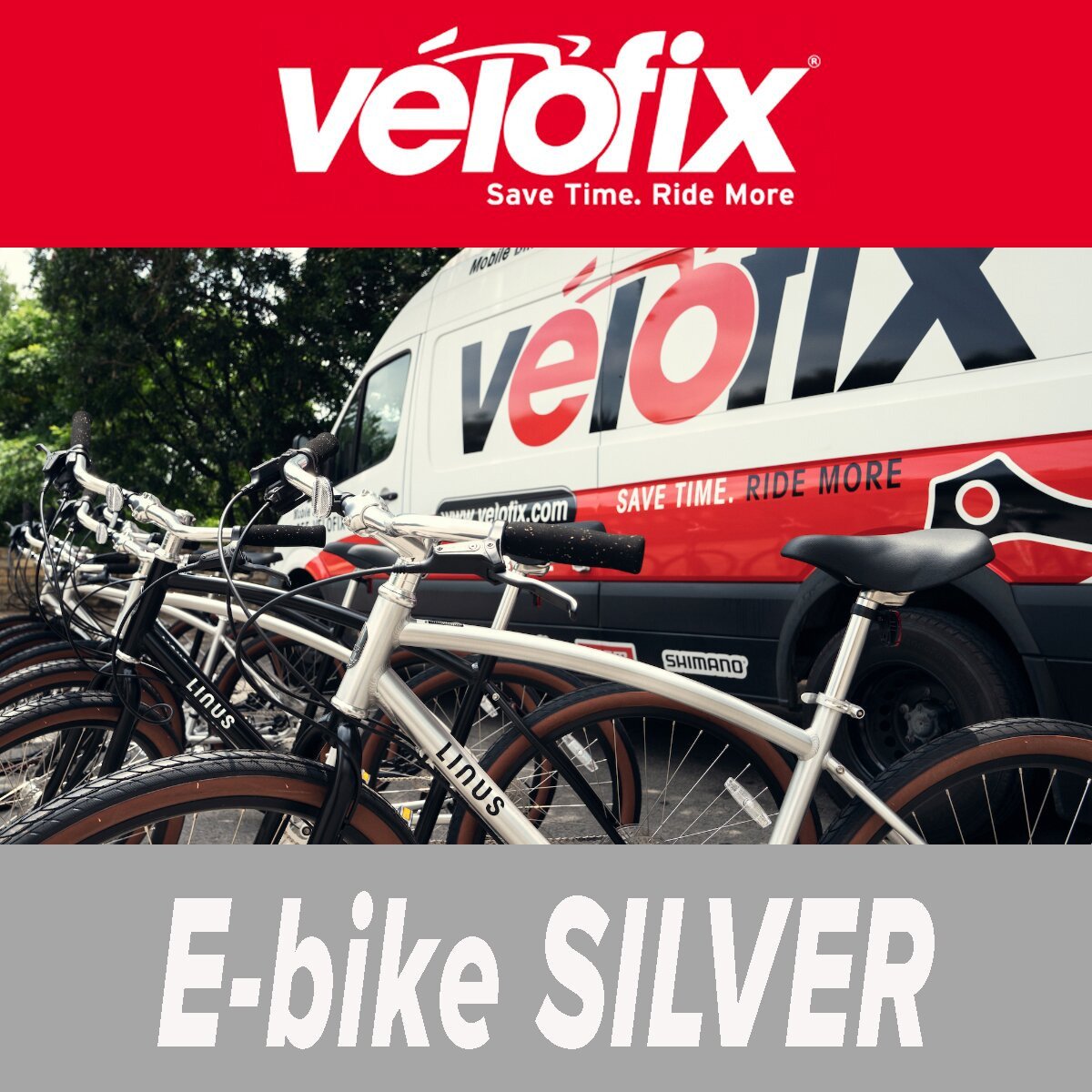 Velofix silver tier. An image of a bike leaning against a velofix van.