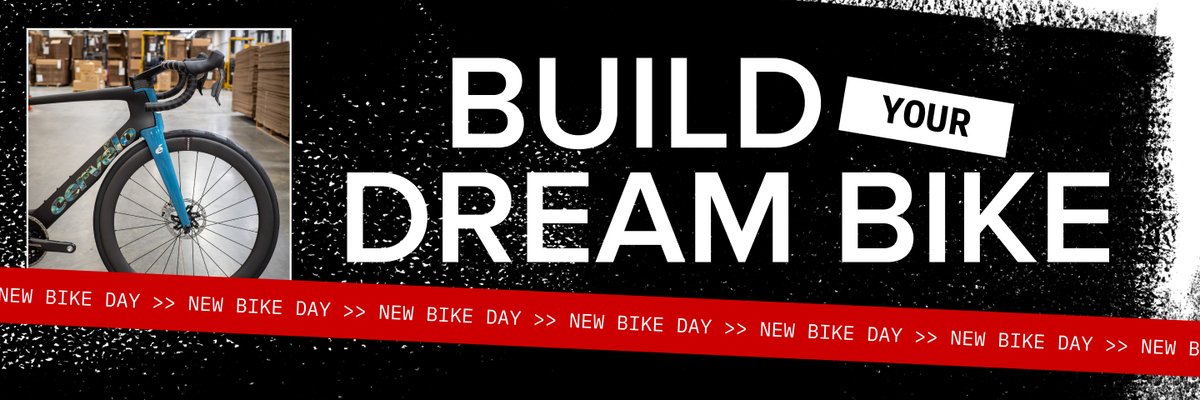 A black banner stretches across the page saying “Build your dream bike” in large, friendly letters. An image of a bike appears to the left of the banner. There’s a red ticker-style banner at the bottom saying, “New bike day” on repeat.