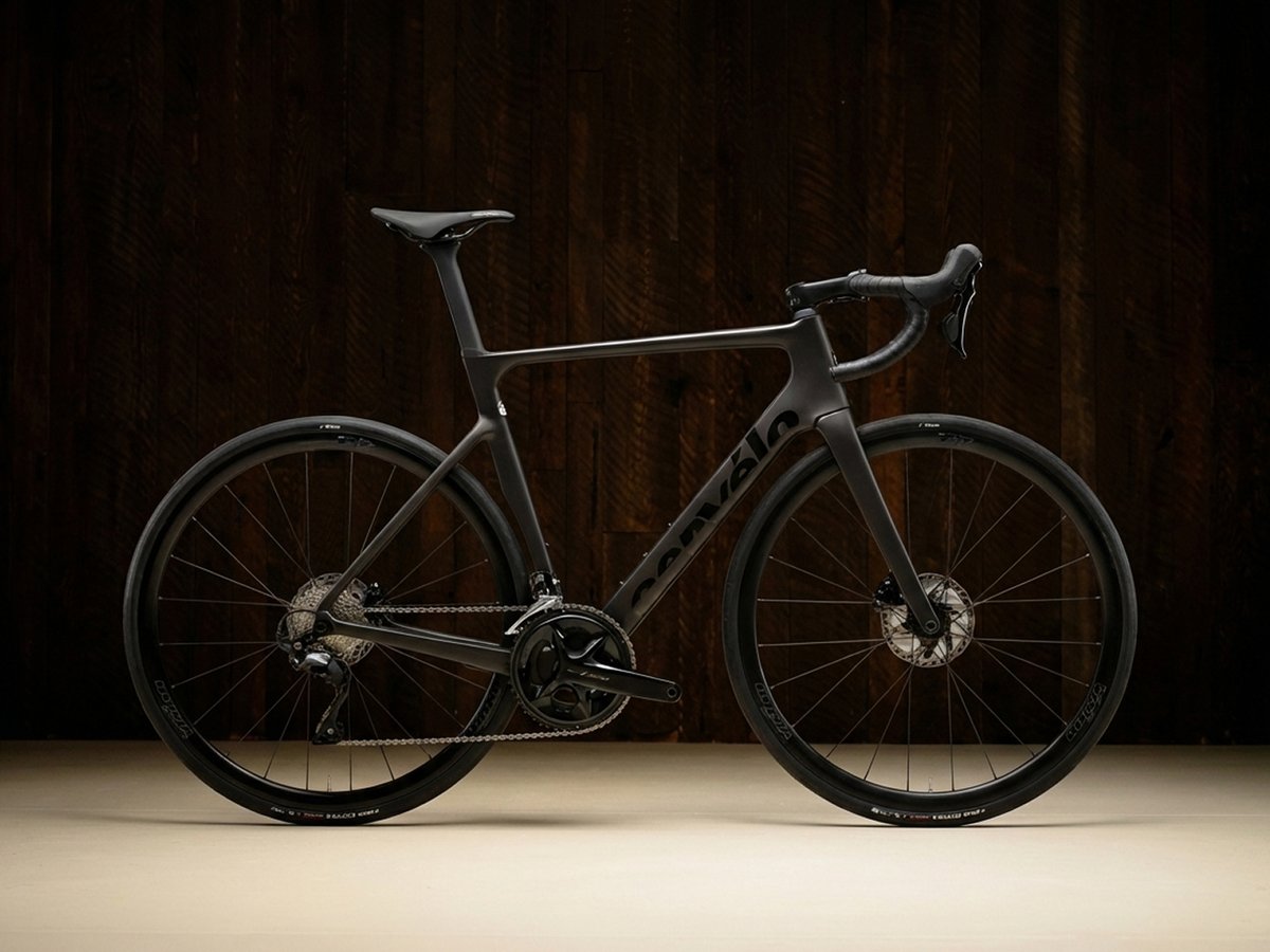 The Cervélo Soloist road bike in all-black with a stealth finish, shown in a side profile against a dark wood background.