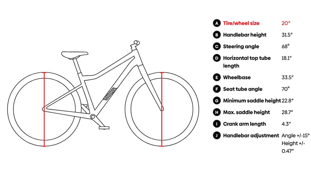 Geo chart gif showing dimesnions of the Woom Off 4 and Off Air 4 bike geometry.