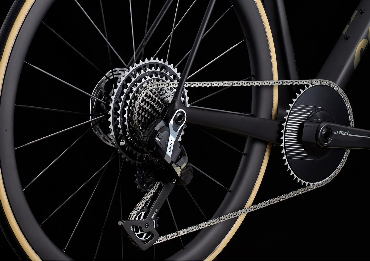 Closeup of a rear wheel with clean, shiny drivetrain components.