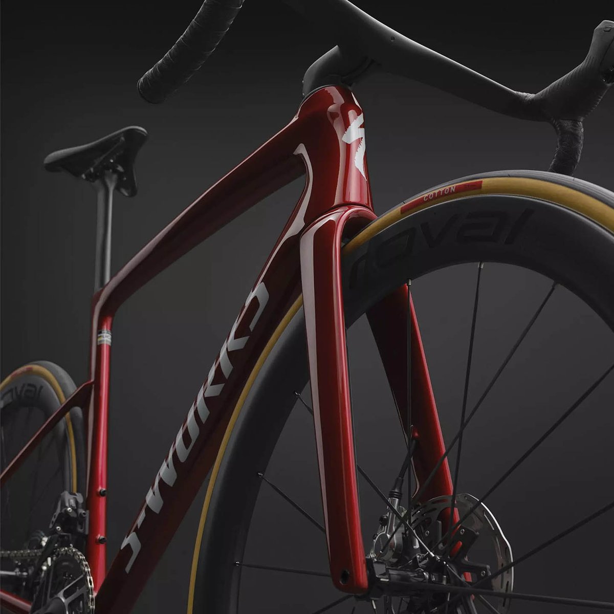 Angled view of the red S-Works Tarmac SL9 front triangle and fork showing the S-Works down tube lettering, Roval wheel with tan sidewall tire, and disc brake caliper.