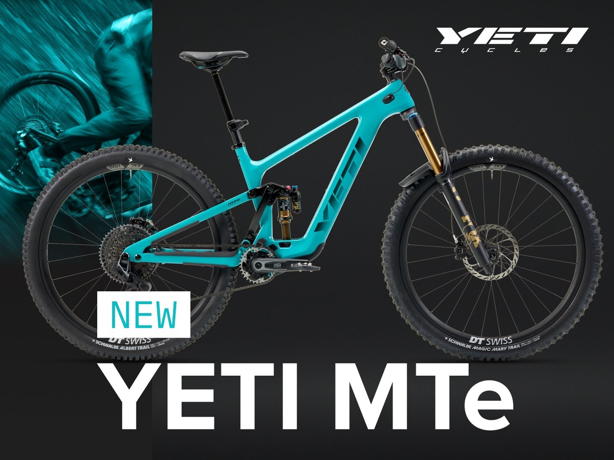 A turquoise YETI mountain bike on a dark background. Text overlay reads: New YETI MTe. 