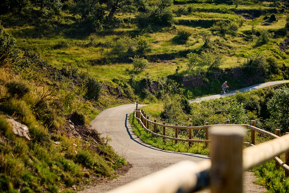 Gravel rider cruising quiet rural road surrounded by rolling hills