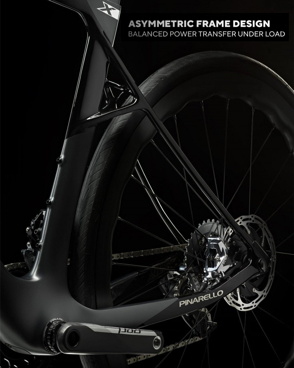 Road bike asymmetrical rear triangle with disc brake, wheel, and chainstay detail.
