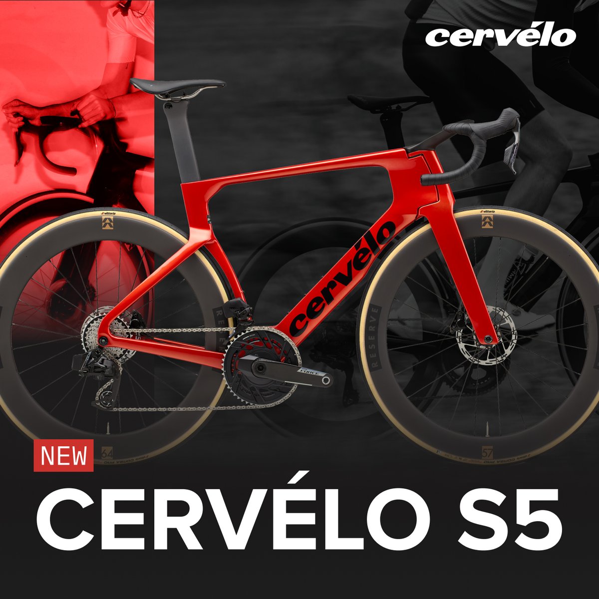 A red Cervelo S5 on a black background with the following tech specs: discipline, road; frame, re-engineered aero; wheels, Reserve 57/64
