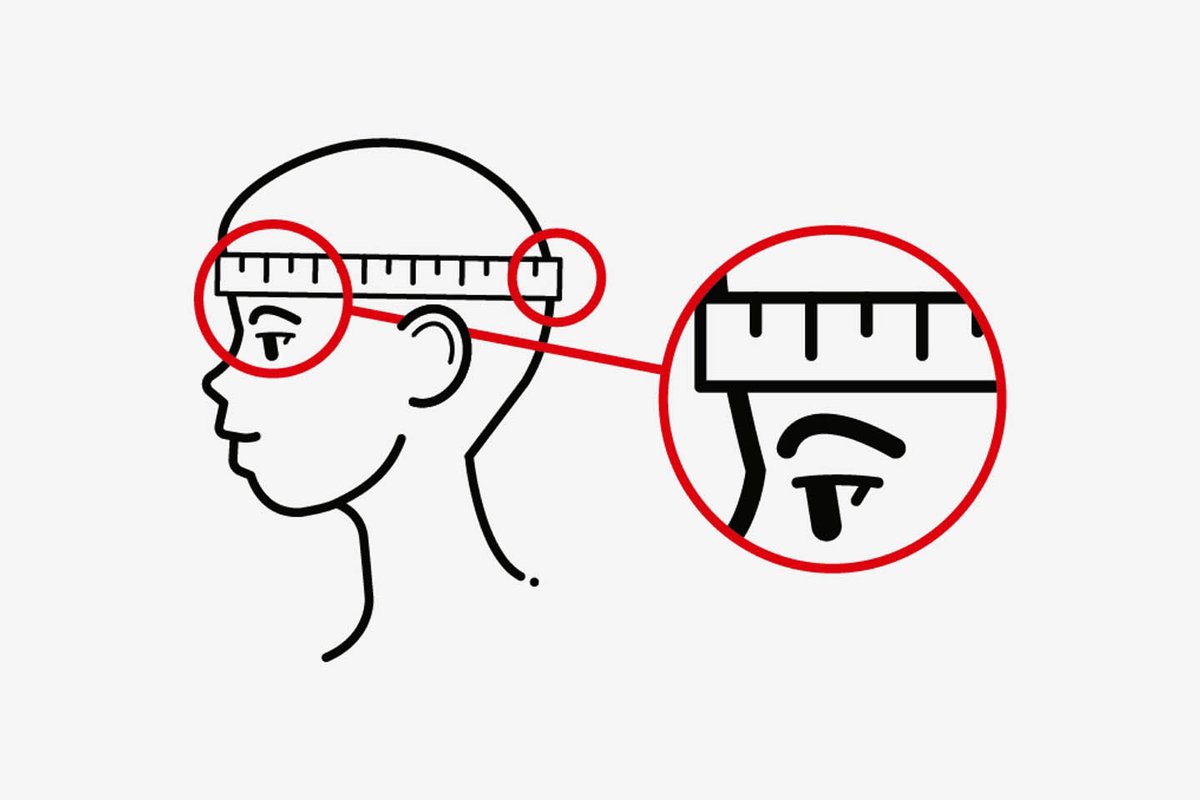 Illustration showing how to measure head circumference for helmet sizing, with a ruler placed above the eyebrows.