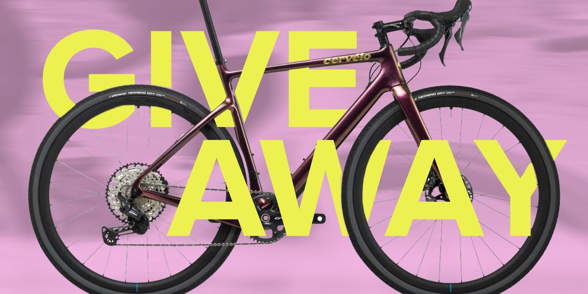 A cervelo bike on a pink background with bold, yellow letters over the top that say “give away”