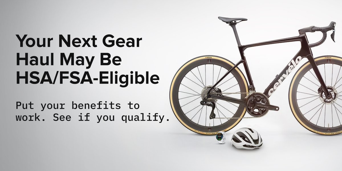 A mountain bike, running shoes, and watch sit on a white background. Text next to the bike reads, “Your next gear haul may be HSA/FA-eligible. Put your benefits to work. See if you qualify.”
