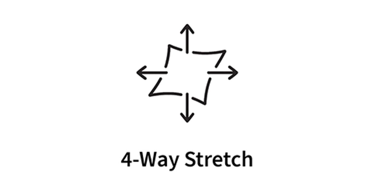 Graphic icon showing 4-way stretch with a piece of fabric and 4 arrows.
