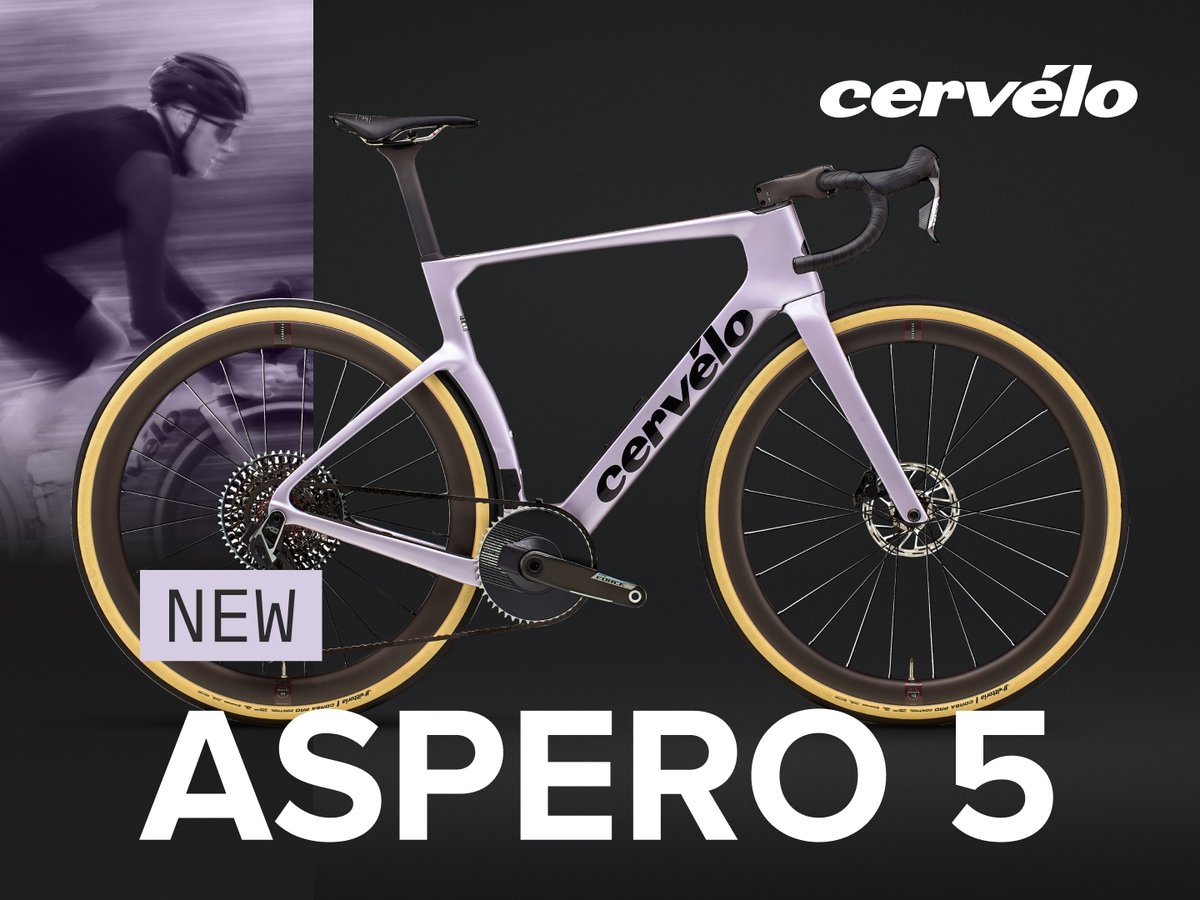 A lilac-colored drop-bar bike with tan side-wall tires shown on a dark background. The Cervélo logo hovers in the top right, while overlaid text reads “New Áspero 5”