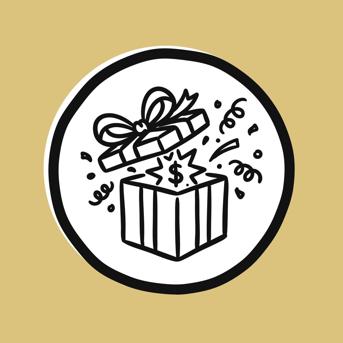 Icon of an open gift box with a dollar sign and confetti bursting out.