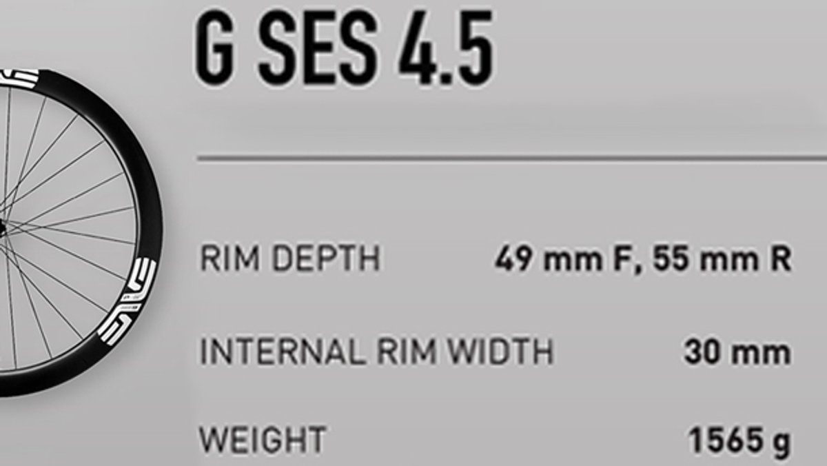 Comparison graphic showing three ENVE G SES carbon gravel wheelsets side by side with specs: the G SES 4.5 (49/55mm rim depth, 30mm internal width, 1565g).