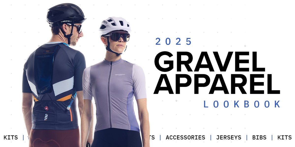 Two cyclists stand wearing full cycling kits. Text overlay reads: 2025 Gravel Apparel Lookbook, kits accessories, jerseys, bibs.
