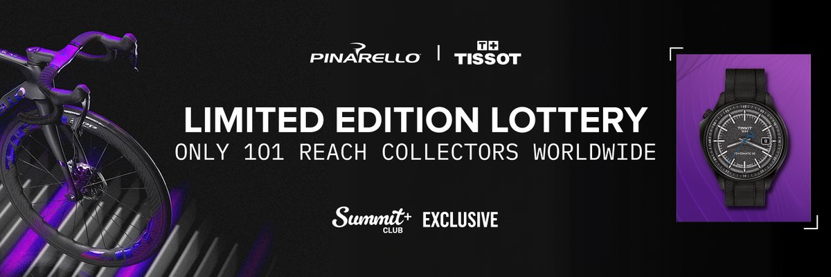 Pinarello Dogma F Edizione Speciale road bike and Tissot Powermatic 80 watch featured in a limited edition lottery promotion against a dark purple background. Summit+ Club exclusive — only 101 reach collectors worldwide.