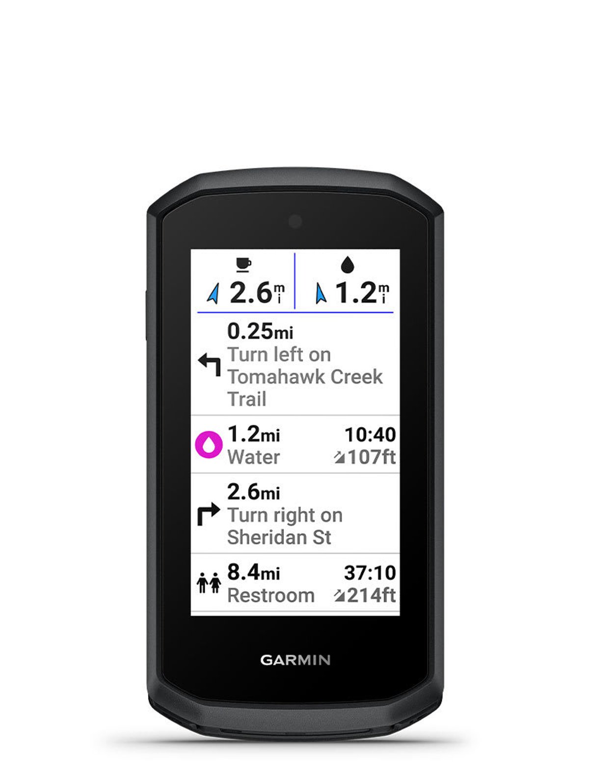 Edge Explore 3 showing upcoming turns, water and restroom stops with distances